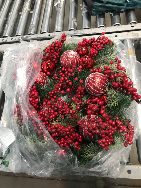 Photo 1 of 24" Angel Christmas Wreath, Artificial Holiday Wreath with Resin Angel Statue, Natural Rattan Ring & Pine Cones, Golden Leaves, Red Baubles, Spruce Branches, Snowy Pine Needles (Angel)