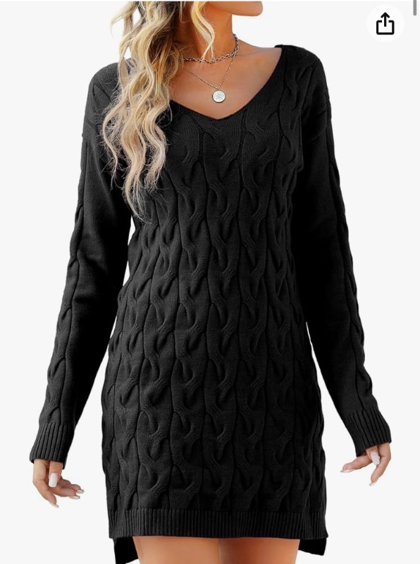 Photo 1 of Dyexces Women's V Neck Cable Knit Sweater Dress Long Sleeve Sexy Slim Fit Pullover Sweater Side Split Mini Dress S