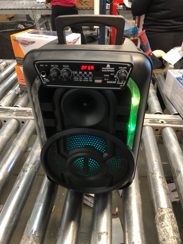 Photo 2 of Max Power Portable Speaker - MPD823 Bluetooth Speaker System - High Powered PA Loudspeaker - Rechargeable Karaoke Machine with Multi LED Lights, Wired Microphone and Built-in Carry Handle & FM Radio