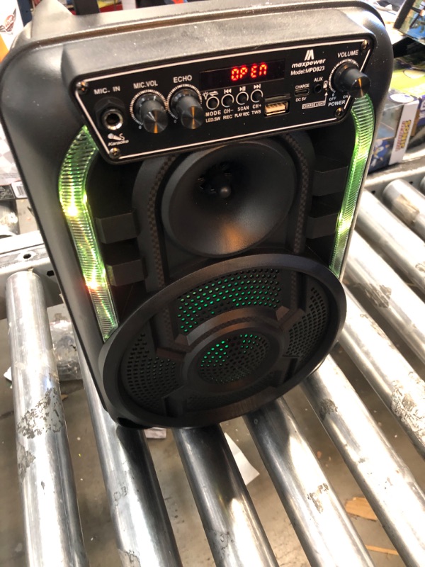 Photo 3 of Max Power Portable Speaker - MPD823 Bluetooth Speaker System - High Powered PA Loudspeaker - Rechargeable Karaoke Machine with Multi LED Lights, Wired Microphone and Built-in Carry Handle & FM Radio