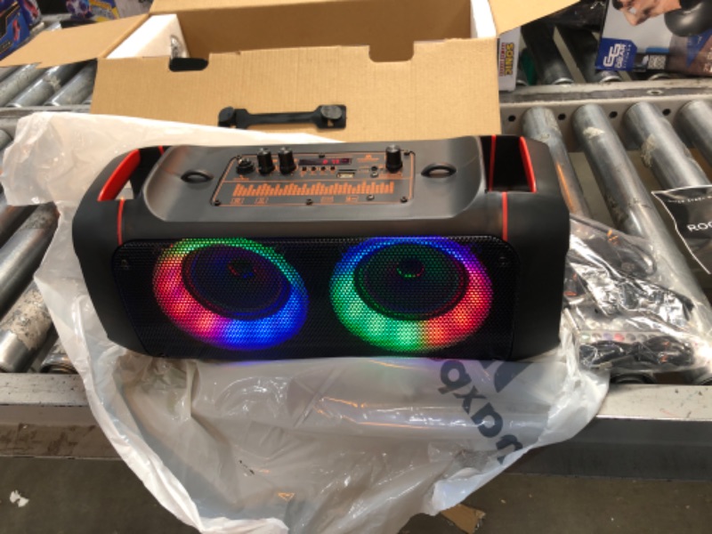 Photo 2 of Max Power Boombox - MPD421 Portable Boombox Stereo Speaker System - Multi LED Ring Lights - Wireless Bluetooth Speaker with Mic and Remote - Rechargeable Battery Perfect for Indoor and Outdoor.