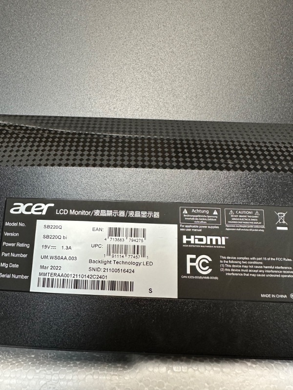 Photo 4 of Acer 21.5 Inch Full HD (1920 x 1080) IPS Ultra-Thin Zero Frame Computer Monitor (HDMI & VGA Port), SB220Q bi