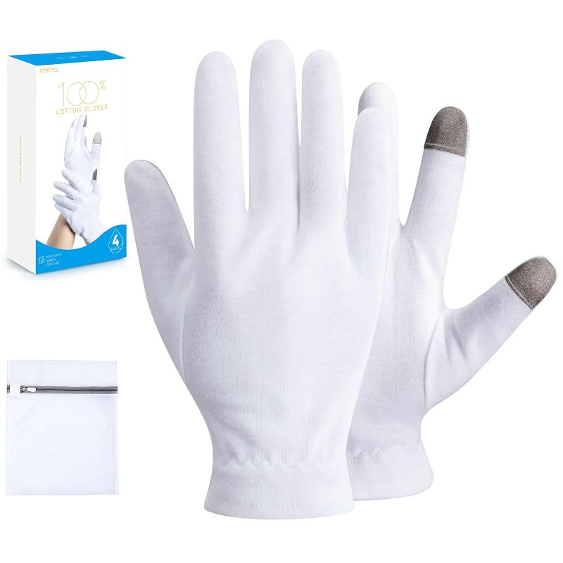 Photo 1 of MNOPQ 100% Cotton Moisturizing Gloves 4 Pairs, Touch Screen White Cotton Gloves for Dry Hands, Eczema, Sleeping, Overnight, Lotion & Spa Treatment with Wristband and Washing Bag, Medium
