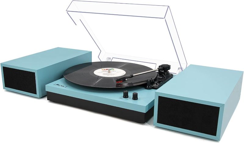 Photo 1 of LP&No.1 Vinyl Record Player with External Speakers, 3-Speed Belt-Drive Turntable for Vinyl Albums with Auto Off and Wireless Input,(Blue Leather)
