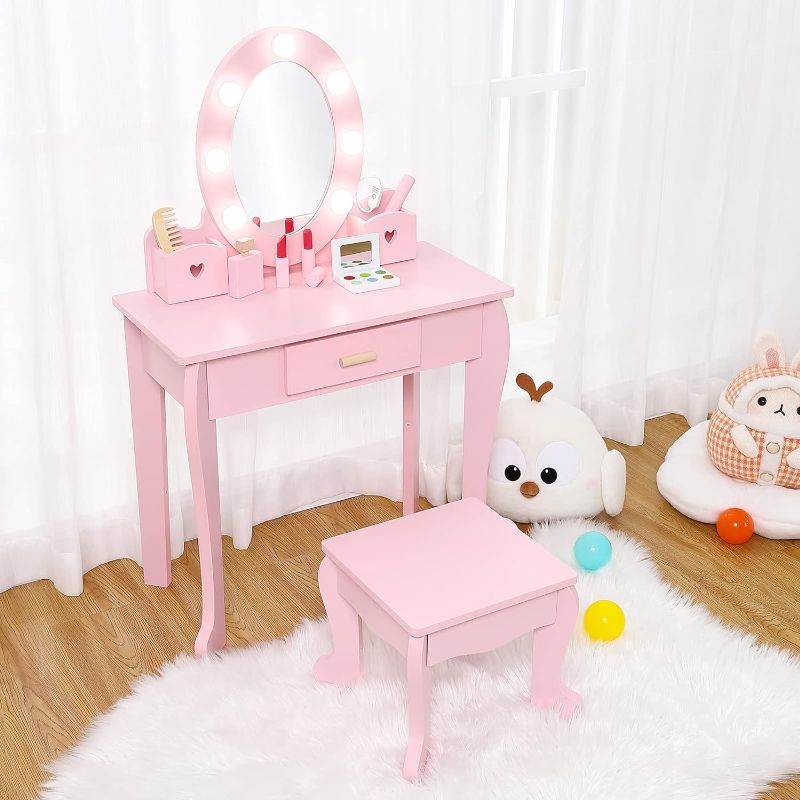 Photo 1 of *WHITE* Bophy Girls' Vanity Table and Chair Set, Kids Makeup Dressing Table with Lights & Wood Makeup Playset, Kids Vanity Set with Mirror & Drawer for Age 4-9, Pink
