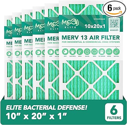 Photo 1 of 10x20x1 Air Filter (6-PACK) | MERV 13 | MOAJ Elite Bacterial & Viral Defense | BASED IN USA | Pleated Replacement Air Filters for AC & Furnace Applications | Actual Dimensions: 9.70” x 19.70” x 0.75”
