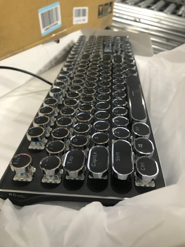 Photo 1 of RK ROYAL KLUDGE Typewriter Style Mechanical Gaming Keyboard with True RGB Backlit Collapsible Wrist Rest 108-Key Blue Switch Retro Round Keycap - Black