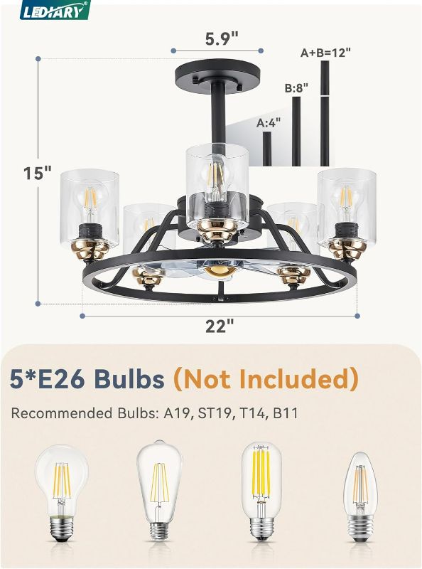 Photo 4 of (READ NOTES) LEDIARY Fandelier Ceiling Fan with Light, Chandelier Ceiling Fan with Lights Remote Control, Black Modern Ceiling Fan, DC Quiet Motor, Glass Lamp Holder, for Bedroom, Kitchen, Indoor
