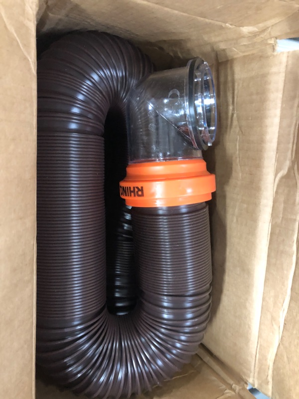 Photo 2 of Camco RhinoFLEX RV Sewer Hose Kit with Swivel Transparent Elbow and 4-in-1 Dump Station Fitting, Brown, 15 Feet (39770) 15ft Sewer Hose Kit Frustration-Free Packaging