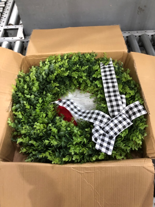 Photo 2 of 23" Faux Round Boxwood Wreath, Vlorart Artificial Boxwood Wreath Front Door Wreaths Artificial Spring Summer Greenery Hanging with A Plaid Bow for Front Door Wall Hanging Window Wedding Party Decor 23inch