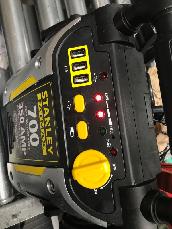 Photo 2 of STANLEY FATMAX J7CS Portable Power Station Jump Starter: 700 Peak/350 Instant Amps, 120 PSI Air Compressor, 3.1A USB Ports, Battery Clamps