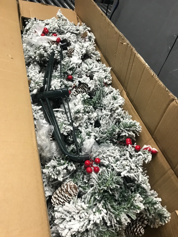 Photo 2 of 7 Feet Prelit Snow Flocked Pencil Christmas Tree Decoration 300 LED Warm Lights,600 Thick Branch Tips, 228 Red Berry, 38 Pinecones, UL Plug, Metal Stand, Hinged Artificial Slim Xmas Tree Decor Holiday Snow Flocked - Warm Lights