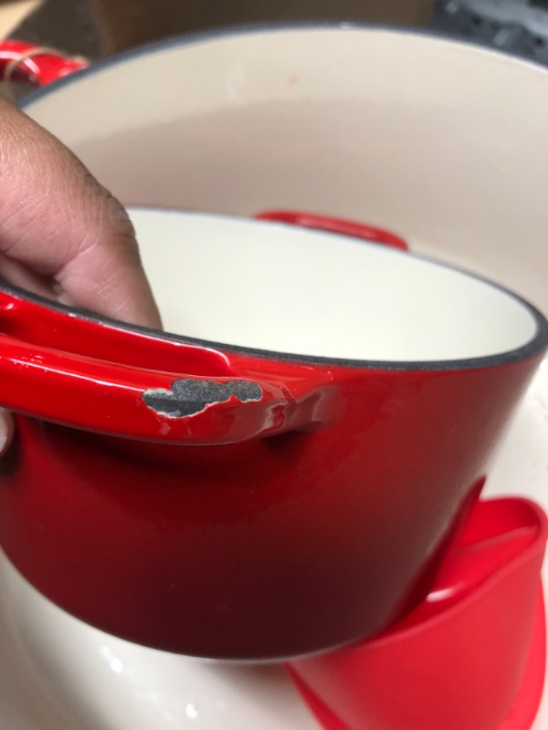 Photo 5 of ***CHIPS ON INSIDE OF LARGE LID / CHIPS ON HANDLE OF SMALL POT***
Enamel Stockpot With Lid,  (Color : Red) 2 POT SET WITH LIDS