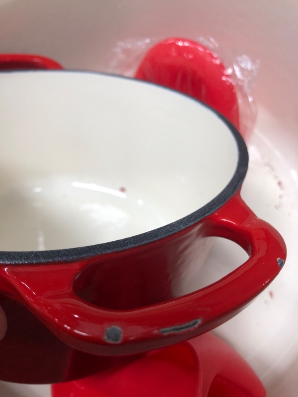 Photo 4 of ***CHIPS ON INSIDE OF LARGE LID / CHIPS ON HANDLE OF SMALL POT***
Enamel Stockpot With Lid,  (Color : Red) 2 POT SET WITH LIDS