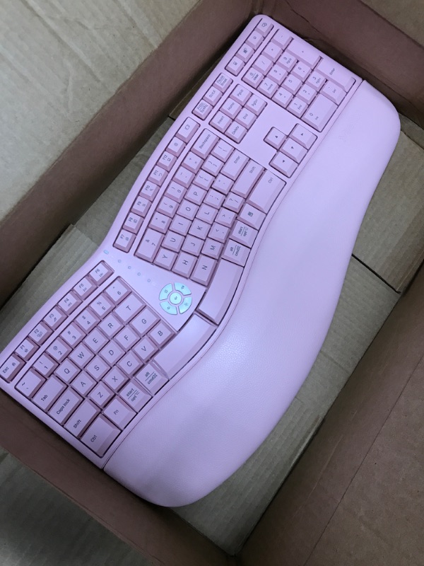 Photo 2 of MEETION Ergonomic Keyboard, Split Wireless Keyboard with Cushioned Wrist, Palm Rest, Curved, Natural Typing Full Size Rechargeable Keyboard with USB-C Adapter for PC/Computer/Laptop/Windows/Mac, Pink