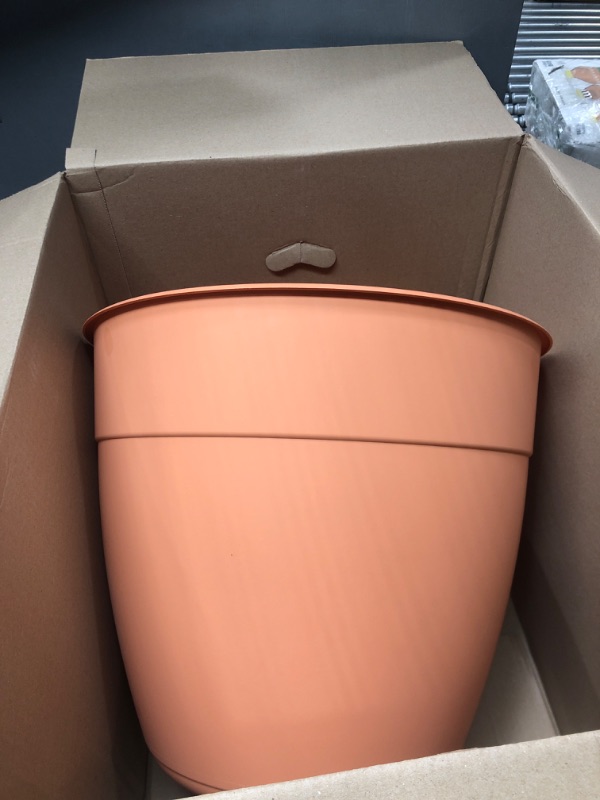 Photo 2 of Bloem Dayton Planter with Saucer: 20" - Coral - 100% Recycled Plastic Pot, Removable Saucer, Elevated Feet, for Indoor and Outdoor Use, Gardening, 16.5 Gallon Capacity Coral 20"