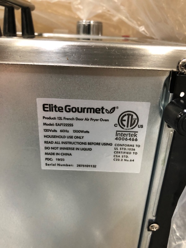 Photo 3 of Elite Gourmet EAF1222SS Air Fryer Oven Double French Doors, Bake, Grill, Roast, Broil, Rotisserie, Toast, Warm, Air Fry, Dehydrate, 1500 Watts, with 25 Recipes, 12L. Capacity, Stainless Steel 4-Slice, 12L Air Fryer Oven