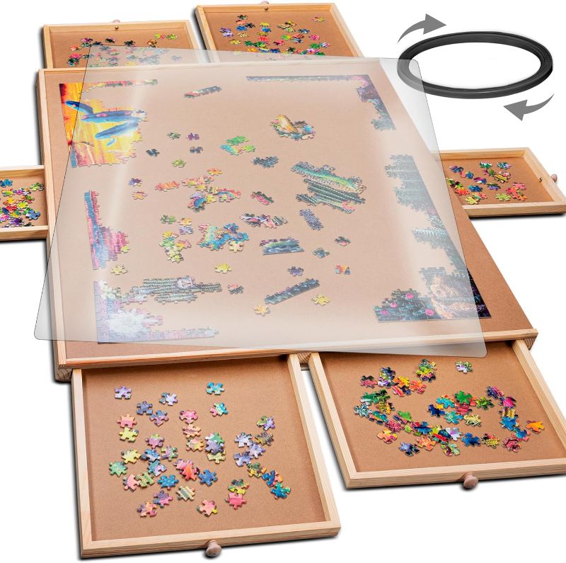 Photo 3 of 1500 Piece Rotating Wooden Jigsaw Puzzle Table - 6 Drawers, Puzzle Board with Puzzle Cover | 27” X 35” Jigsaw Puzzle Board Portable - Portable Puzzle Table 1500 Piece Rotating With Cover