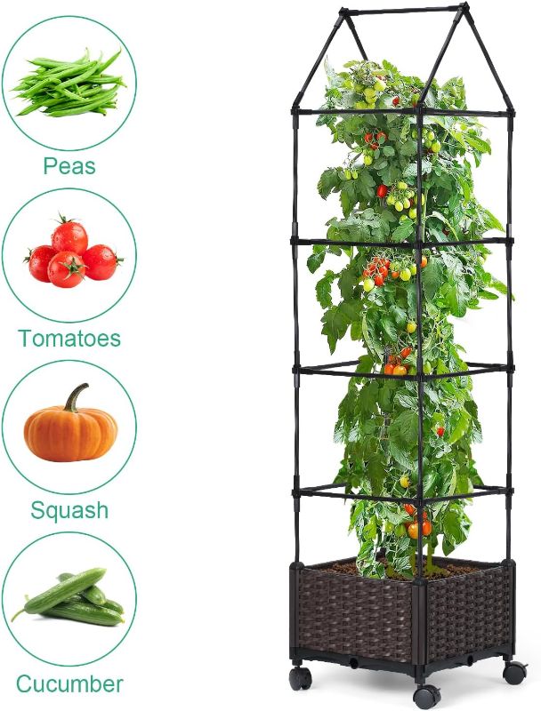 Photo 1 of 67" Raised Garden Bed Planter Box with Trellis for Climbing Plants, Outdoor Tomatoes Cage Support Vegetable Peas Fruit Vine, DIY Tomato Planters with Wheels
