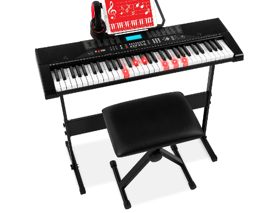 Photo 1 of 61-Key Beginners Complete Electronic Keyboard Piano Set w/Lighted Keys, LCD Screen, Headphones, Stand, Bench, Teaching Modes, Note Stickers, Built-In Speakers - Black