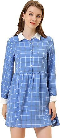 Photo 1 of Allegra K Women's Casual Checks Grid Loose Contrast Collar Shift Mini Dress Large