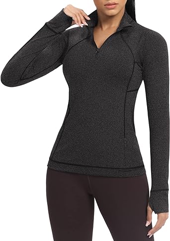 Photo 1 of colorskin Quarter Zip Pullover Women Athletic Slim Fit Yoga Tops Long Sleeve Workout Shirts for Women LARGE