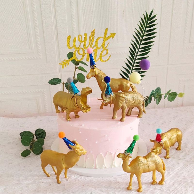 Photo 1 of Farm Party Animal Cake Topper, Gold Safari Zoo Animal Cake Topper With Birthday Party Hat Animals Cake Topper For Wild One Party Cake Decorations
