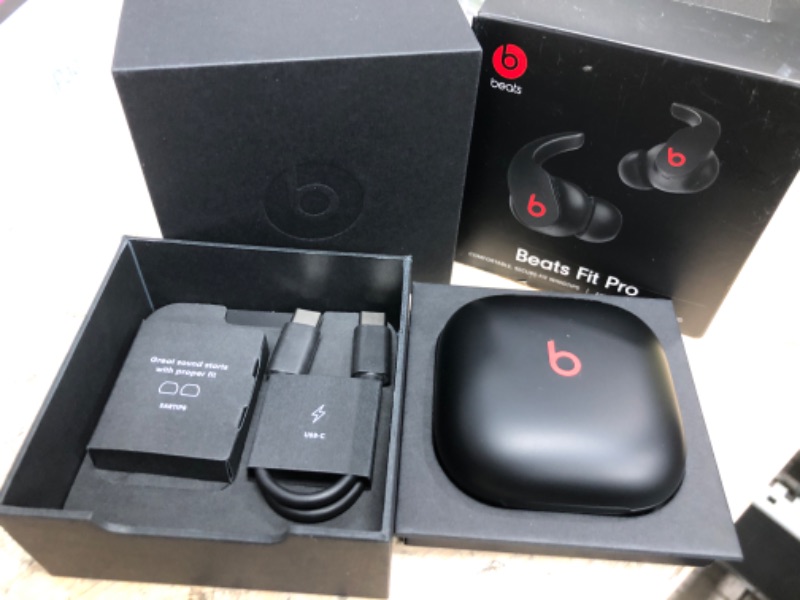 Photo 2 of **brand new, opened for photos**Beats Fit Pro - True Wireless Noise Cancelling Earbuds - Apple H1 Headphone Chip, Compatible with Apple & Android, Class 1 Bluetooth®, Built-in Microphone, 6 Hours of Listening Time – Beats Black Black Fit Pro