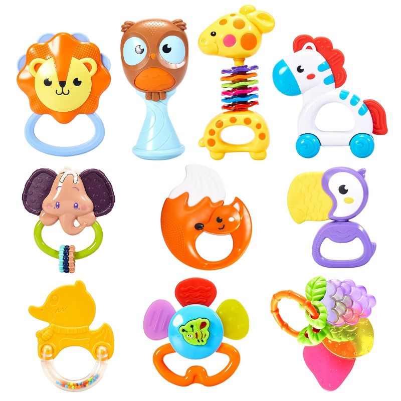 Photo 1 of Baby Rattles Teether 0-6 Months Toys, Babies Infant Grab Shaker and Spin Rattle Sensory Teething Toy Early Educational Toys for 0,3,6,9,12 Month Newborn Toys Baby Boy Girl …
