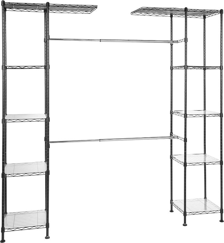 Photo 1 of Amazon Basics Expandable Metal Hanging Storage Organizer Rack Wardrobe with Shelves, Black, 57''- 80''L x 14''W x 72''H
