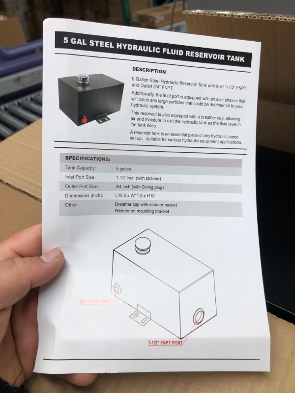 Photo 2 of 5 Gallon 14 Gauge Steel Hydraulic Fluid Reservoir Tank with 1.5 Inch FNPT Inlet Port and 0.75 Inch FNPT Outlet Port, Size 15x9x8in