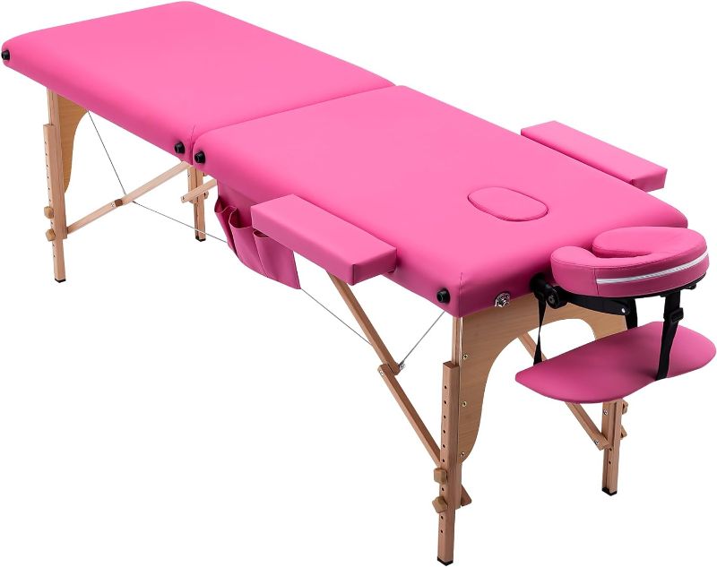 Photo 1 of civama Massage Table Massage Bed Portable, 29 LBs Light Weight 2 Section Foldable Tattoo Bed Facial Care Spa Lash Bed Height Adjustable Sturdy Wooden Frame with Accessories Carrying Bag, Pink
