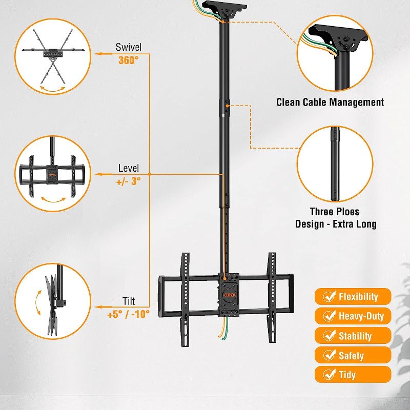 Photo 3 of (READ FULL POST) ELIVED Ceiling TV Mount for Most 37-75 Inch LED, LCD OLED Flat Curved TVs, Height Adjustable Full Motion TV Mount, Hanging TV Bracket Swivel and Tilt, Holds up to 110 lbs, Max VESA 600x400mm YD3016