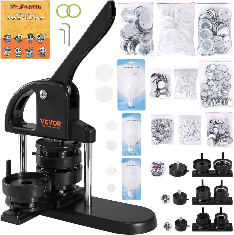 Photo 1 of 
VEVOR Button Maker, 1/1.25/2.28 inch(25/32/58mm) 3-in-1 Pin Maker with 300pcs Button Parts, Ergonomic Arc Handle Punch Press Kit, Button Maker Machin