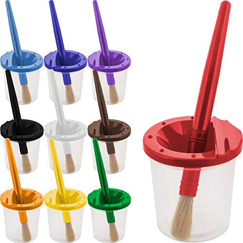 Photo 1 of U.S. Art Supply 10 Piece Children's No Spill Paint Cups with Colored Lids and 10 Piece Large Round Brush Set with Plastic Handles