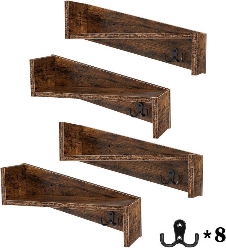Photo 1 of Gannyfer Floating Shelves - Set of 4, Rustic Wood Wall Shelf with Coat Hooks for Home Decor Storage, Small Wall Mounted Hanging Shelves for Bedroom, Kitchen, Living Room, Bathroom & Farmhouse, Brown 