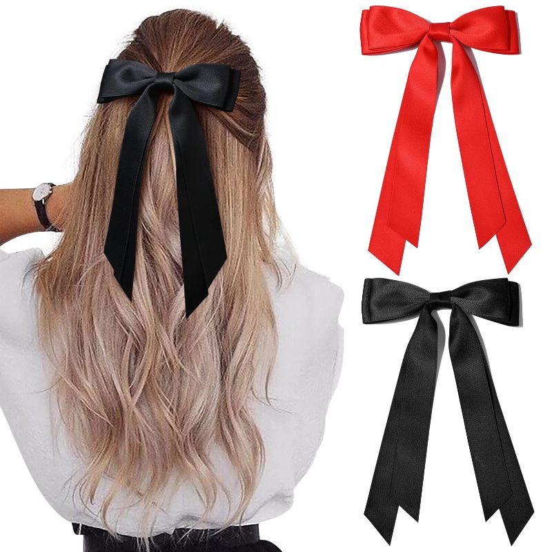 Photo 1 of 6 PCS Hair Bows for Women, Hair Ribbon Hair Bows with Long Tail, Silky Satin Hair Bow Clips Ribbon Ponytail Metal Hair Barrettes for Women Girls Accessories(Black, Red, Green)