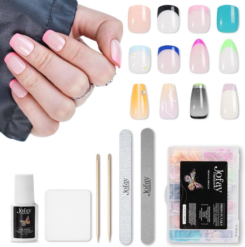 Photo 1 of Jofay Fashion Glue on Nails with Glue Short French Tips Press on Nails Coffin Long Almond and Square Fake Nails Set, Stick On Nails Full Cover Acrylic Fake Nails for Manicure, 12 Packs (288 Pcs)