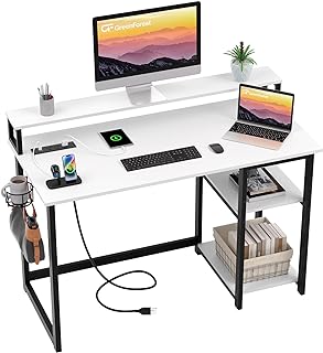 Photo 1 of GreenForest Computer Desk with USB Charging Port and Power Outlet, Home Office Desk with Monitor Stand and Reversible Storage Shelves for Small Space, 47 inch Work Desk with Cup Holder and Hook, White White 47 inch