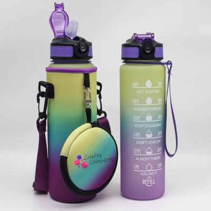 Photo 1 of 32oz Time Marker Water Bottle with Insulating Sleeve and Storage Pouch, PURPLE/YELLOW