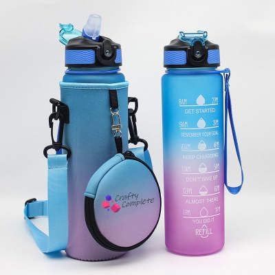 Photo 1 of  32oz Time Marker Water Bottle with Insulating Sleeve and Storage Pouch (Pink/Blue) 