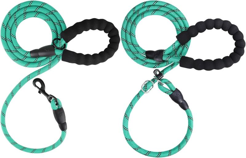 Photo 1 of  6 ft Slip Lead and Rope Basic Dog Leash Set | Reflective Strong Rope | Soft Padded Handle | 3/8 Inch Thick for Small Medium Dogs | Teal Green 