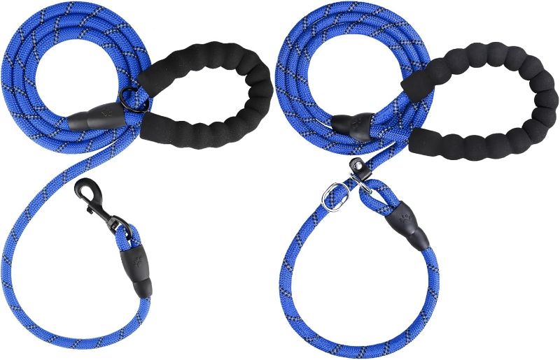 Photo 1 of  6 ft Slip Lead and Rope Basic Dog Leash Set | Reflective Strong Rope | Soft Padded Handle | 3/8 Inch Thick for Small Medium Dogs | Royal Blue 