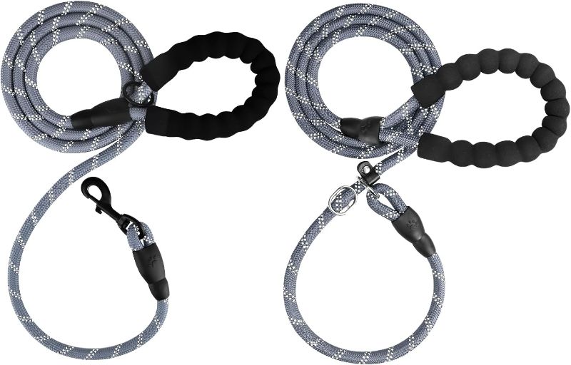 Photo 1 of  6 ft Slip Lead and Rope Basic Dog Leash Set | Reflective Strong Rope | Soft Padded Handle | 3/8 Inch Thick for Small Medium Dogs | Grey 