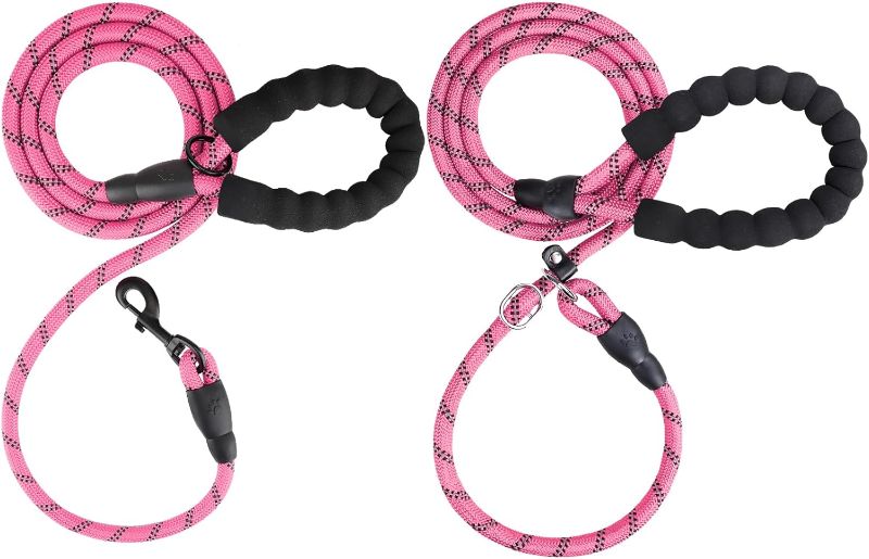 Photo 1 of  6 ft Slip Lead and Rope Basic Dog Leash Set | Reflective Strong Rope | Soft Padded Handle | 3/8 Inch Thick for Small Medium Dogs | Neon Pink 