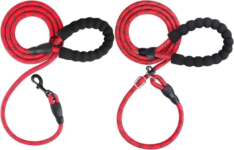 Photo 1 of  6 ft Slip Lead and Rope Basic Dog Leash Set | Reflective Strong Rope | Soft Padded Handle | 3/8 Inch Thick for Small Medium Dogs | Red 