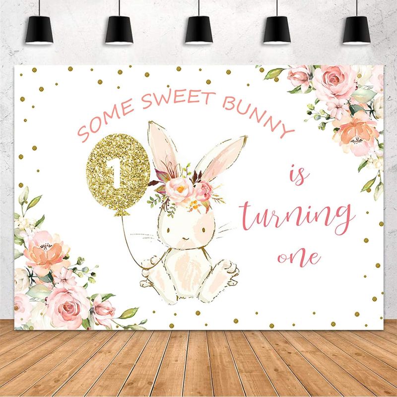 Photo 1 of MEHOFOND 10x7ft Bunny Girl 1st Birthday Party Decoration Backdrop Some Bunny is One Backdrop Water Color Pink Floral Flower Gold Easter Photography Background Banner Photo Studio Props
