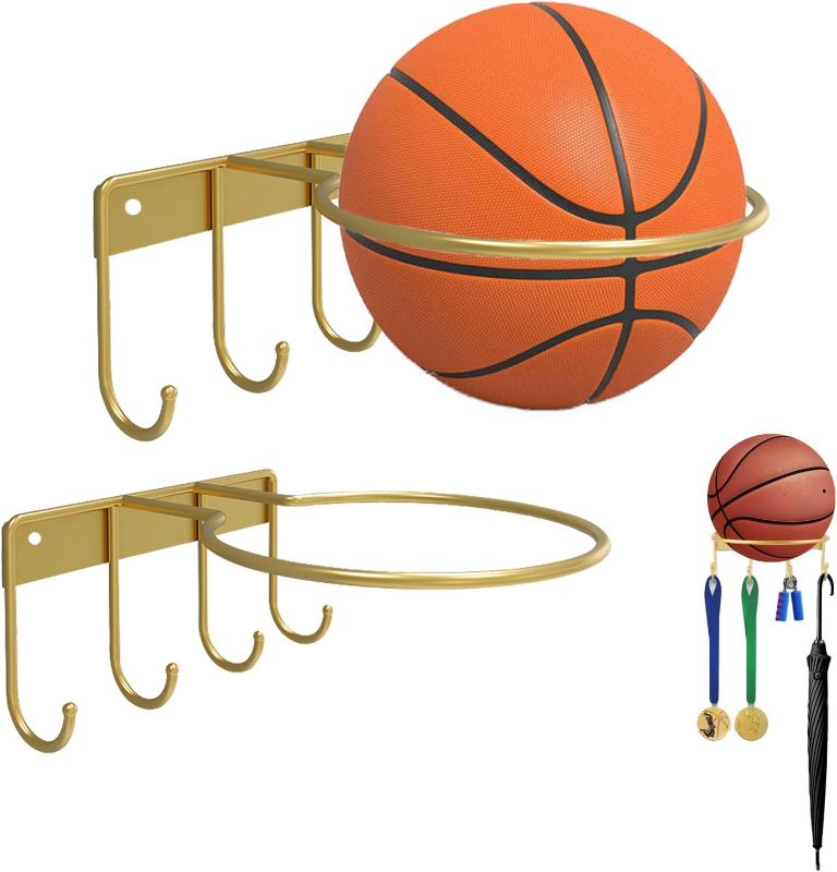 Photo 1 of Basketball Holder, Ball Holder Wall Mount Organizer Room Decoration for Basketball, Volleyball, Football Wall Mount Gold-2PCS
