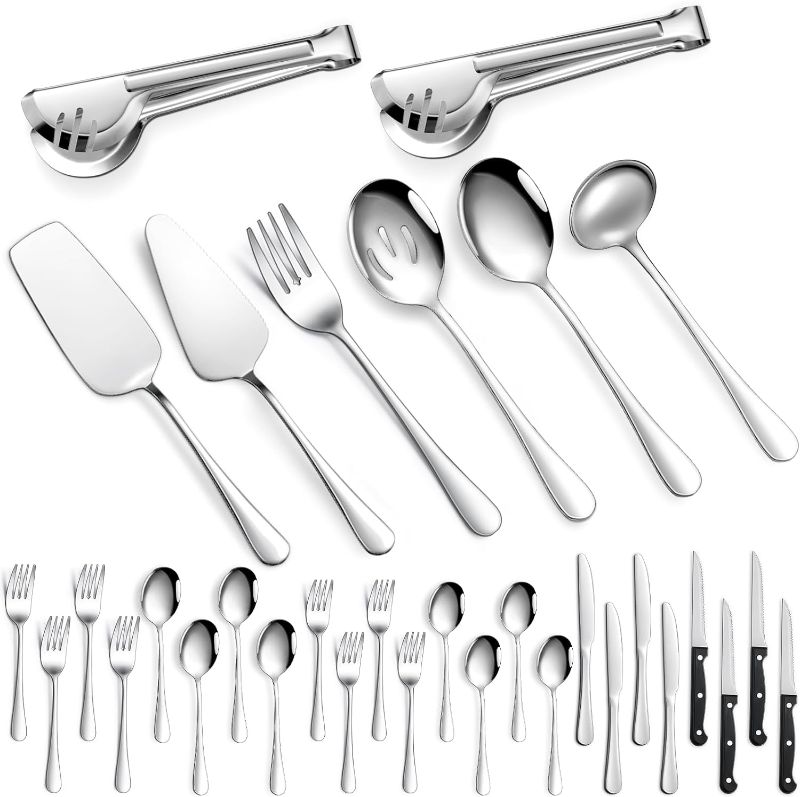 Photo 1 of 32 Pcs Stainless Steel Serving Utensils Bulk Includes Serving Spoon, Slotted Spoon, Serving Fork, Soup Ladle, Serving Tong, Cake Server, Butter Knife for Family Picnic Buffet Parties
