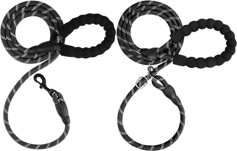 Photo 1 of  6 ft Slip Lead and Rope Basic Dog Leash Set | Reflective Strong Rope | Soft Padded Handle | 3/8 Inch Thick for Small Medium Dogs | Black 